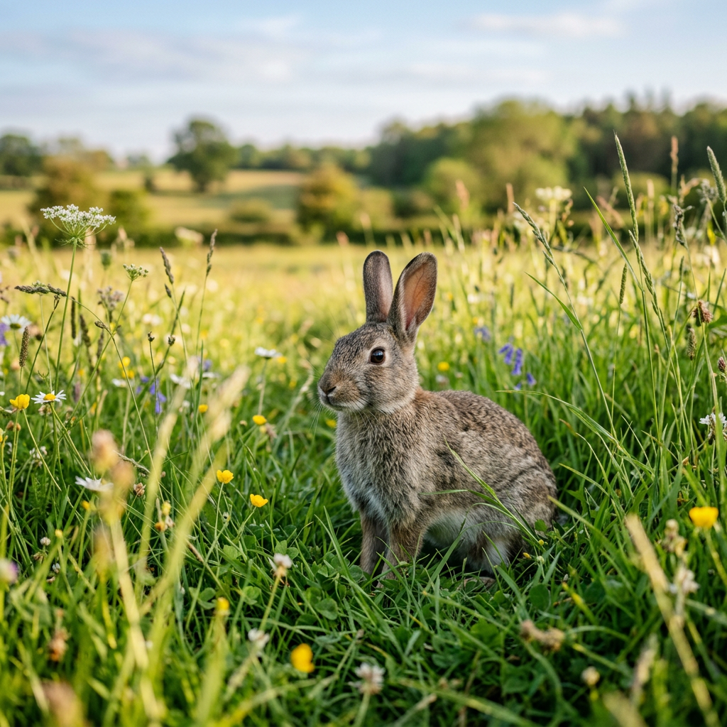 Wild rabbit sitting in green meadow with colorful wildflowers and trees in background