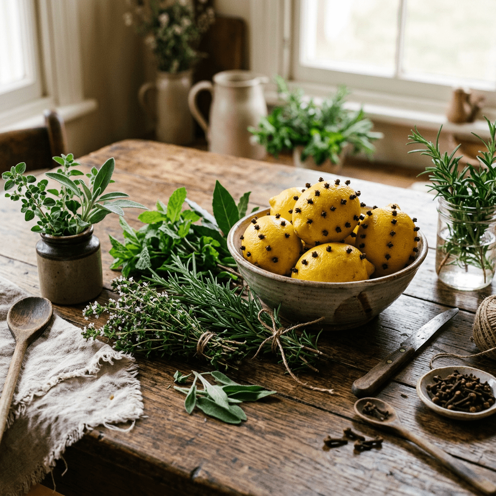 Bowl of lemons with cloves, fresh herbs, knife, and wooden utensils on rustic table