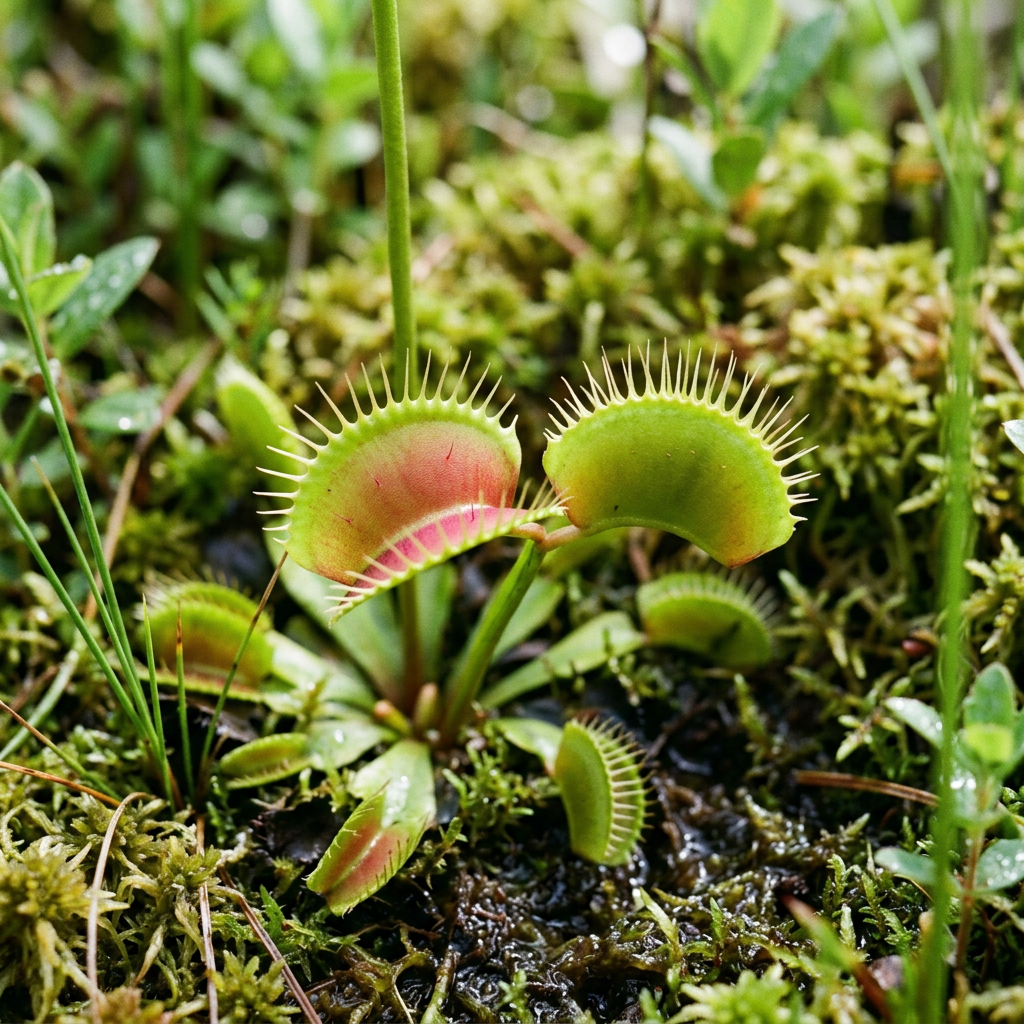 Venus flytrap with open green and reddish traps in mossy ground